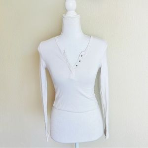 White Basic Ribbed Long Sleeve Henley Cut Off Crop Top Blouse